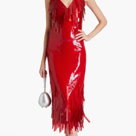 Huishan Zhang Chic Red Sequin And  Fringe Midi Dress - NWT - Picture 7 of 7